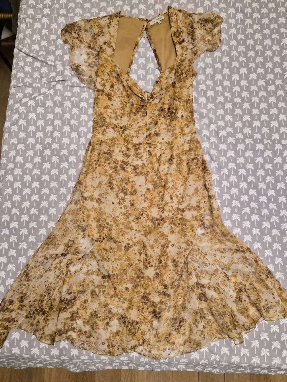 Zac Posen Tan Floral Flutter-Sleeve Midi Dress